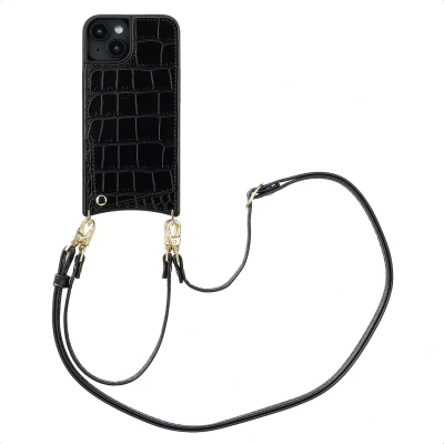 Afbeelding van Selencia Hoesje Geschikt voor iPhone 14 met Pasjeshouder Nova Croco Backcover koord en pashouder Zwart