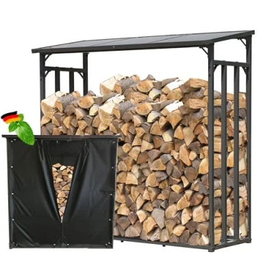 Afbeelding van QUICK STAR haardhoutrek van metaal, antraciet, XXL, 185 x 70 cm, 2,3 m3, stapelhulp voor buiten, met weerbescherming, zwart