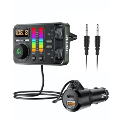 Afbeelding van LENCENT Bluetooth Auto 5.3 FM zender, Hi Fi Treble &amp; Bass speler, PD20W QC18W snellader, autoradio adapter met 2 microfoons voor handsfree bellen, Siri Google, U Disk 3,5 mm AUX