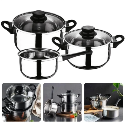 Afbeelding van Cheqo® Kookpannenset 5 Delig met Maataanduiding Geschikt Voor alle Warmtebronnen Inductie Kookpan Steelpan Glazen Deksel Studenten en Starters RVS Kamperen Lange Levensduur