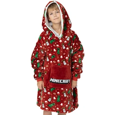 Afbeelding van Minecraft Kerstdeken met kap, oversized, voor kinderen, jongens, Fearc, eenheidsmaat, Rood