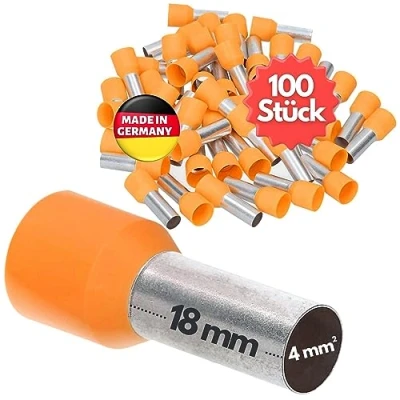 Afbeelding van 100 stuks Kalitec AE418OR adereindhulzen geïsoleerd 4,0 mm² 18 mm lang oranje I Made in Germany Industriële kwaliteit