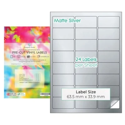Afbeelding van Evergreen Goods™ Voorgesneden A4 etiketten, mat zilver, waterdicht, 3 x 8 (24 per vel): in totaal 240 10 vellen, inkjet en laserbedrukbaar, zelfklevende achterkant