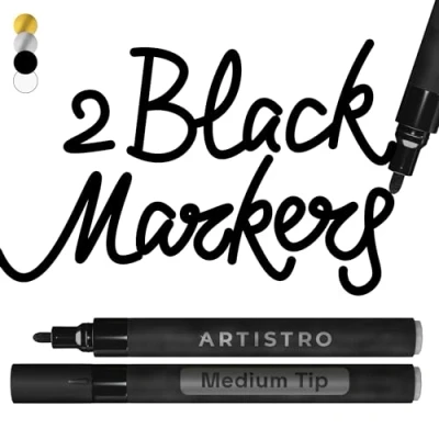 Afbeelding van ARTISTRO Set van 2 zwarte acrylverfstiften voor rotsen, keramiek, hout, glas, metaal, kunststof, medium punt 3 mm, ideaal het beschrijven kunstprojecten en hobby&#039;s