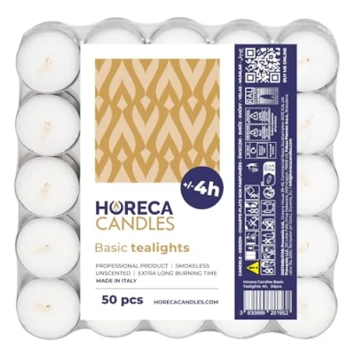 Afbeelding van Horeca Candles Witte theelichtjes Brandduur 4 uur 50 stuks ongeparfumeerde kaarsen Verlichting voor bruiloft, decoratie, gastronomie