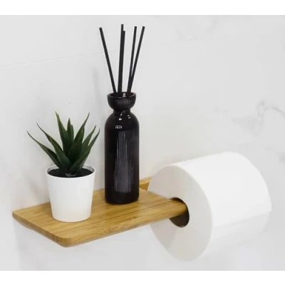Afbeelding van toiletpapierhouder van hout, bamboe met plank voor mobiele telefoon en vochtige doekjes, inclusief bevestigingsmateriaal