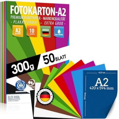 Afbeelding van 50 vellen gekleurd papier DIN A2 set fotokarton 300 g/m² 10 kleuren knutselpapier en kleurrijke kartonnen vellen, voor kinderen knutselen, creatief zijn, gemaakt in Duitsland