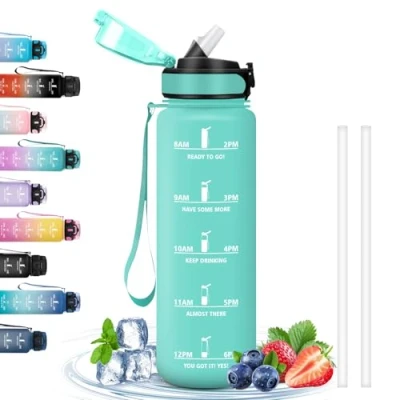 Image de Bouteille d&#039;eau de gymnastique sans perte 1 litre Gourde sport avec échelle temps Facile à nettoyer pour sport, fitness, randonnée, cyclisme, yoga