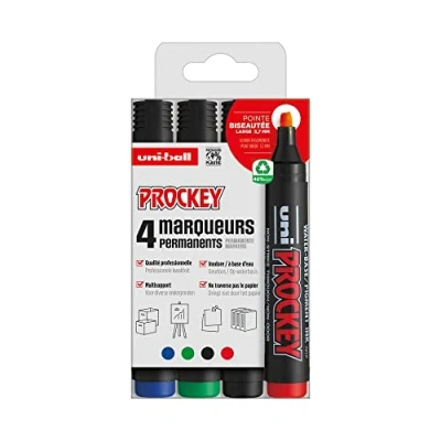 Afbeelding van Uni Prockey Ball Mitsubishi Pencil Permanentmarker, geurloos, PM126 Multihouder, waterbasis, afgeschuinde punt 5,7 mm verpakking zonder kunststof 4 kleuren