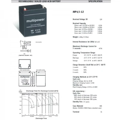 Afbeelding van Multipower MP4.5 12 loodbatterij volt met 4,8 mm Faston connector