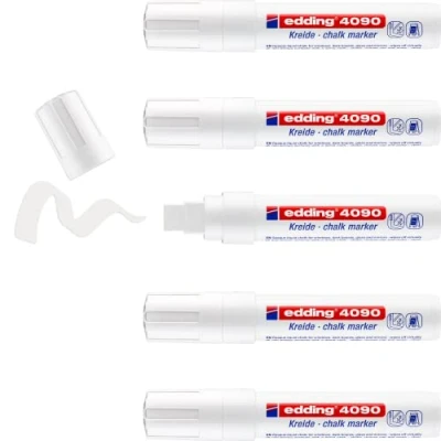 Afbeelding van Edding 4090 vloeibare krijtmarker wit 5 krijtstiften wigpunt 4 15 mm uitwisbare krijtstift om op schijven te beschrijven, glas leisteen krijtvilt in ondoorzichtige kleur