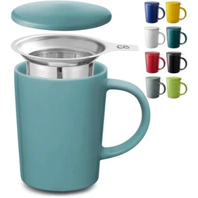 Afbeelding van Cosumy Theemok met theezeef en deksel, 400 ml, groot, keramiek, blijft lang warm (aquablauw)