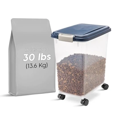 Afbeelding van Iris Ohyama Droogvoercontainer, luchtdicht, met wieltjes, 30 liter/11,3 kilogram, blauw, klapdeksel waterdichte afdichting, kunststof, voor honden, katten, lekkernijen, container droogvoer,