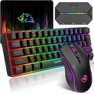 Afbeelding van HXSJ V700 gaming toetsenbord en muisset met game adapter, 60% toetsenbord, compacte lay out 61 toetsen, RGB achtergrondverlichting, optische sensormuis, tot 3600 dpi, voor pc, Mac, zwart