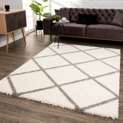 Afbeelding van Madrid Shaggy Geruit Vloerkleed Creme Hoogpolig 140x200 cm