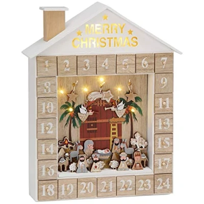 Afbeelding van BRUBAKER Herbruikbare Houten Adventskalender om zelf te vullen Bijbelverhaaltjeskalender met LED verlichting Doe het kalender 31,5 x 38,2 6,3 cm