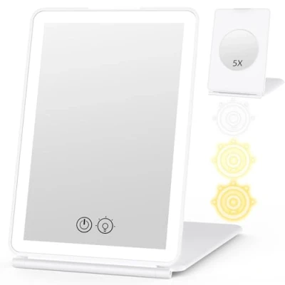 Afbeelding van WEILY Make upspiegel met verlichting, 5 x vergroting, 3 kleuren, dimbaar touchscreen, licht, USB oplaadbaar, voor reizen (wit)