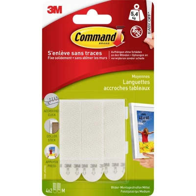 Afbeelding van Command Fotolijststrip, Medium, Draagvermogen 5,4 Kg, Wit, Blister Van 8 Stuks Kleefstrips