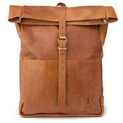 Afbeelding van Berliner Bags Vintage lederen fietsrugzak Parijs, Roll top rugzak bruin
