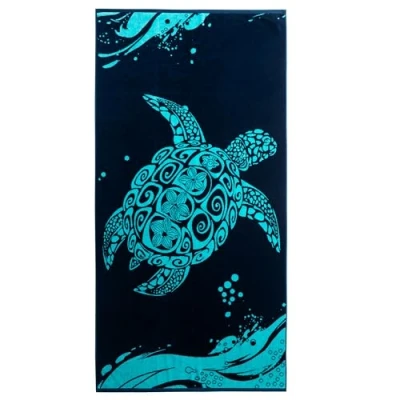 Afbeelding van DecoKing Grote katoenen strandhanddoek, 90 x 180 cm, eenzijdig badstof, fluwelen badhanddoek, blauw, donkerblauw, marineblauw, wit, schildpad