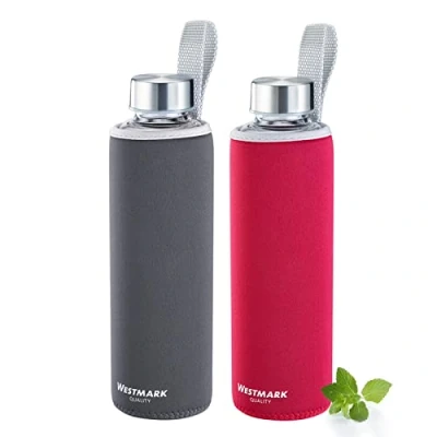 Afbeelding van Westmark Set van 2 drinkflessen, glazen flessen met opdruk en beschermhoes, 550 ml, glas/siliconen/rubber, BPA vrij, Viva, rood/antraciet/zilver/helder, 527222E8