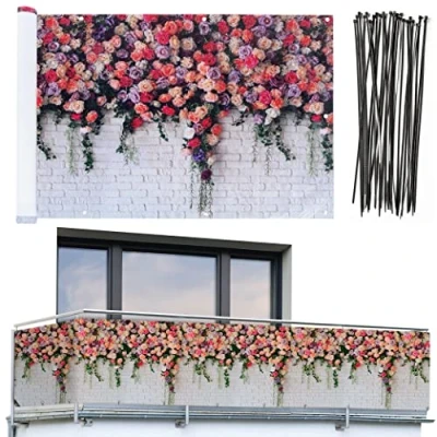 Image de Maximex Brise vue de balcon pratique avec motif roses et haute résistance aux UV intempéries, séchage rapide indéchirable 5 m