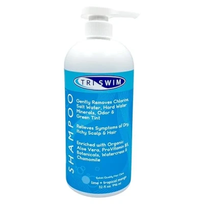 Afbeelding van TRISWIM anti chloor shampoo, verzorging na het zwemmen, veganistische hydraterende shampoo voor zwemmers, verwijdert groene tint, limoen en mango (946 ml)