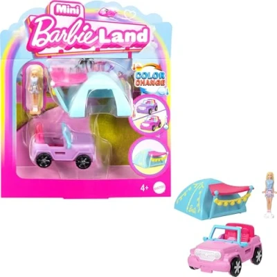Afbeelding van Barbie Mini BarbieLand HYF43 iconische 1,5 inch pop en speelgoedvoertuig veranderende verrassing