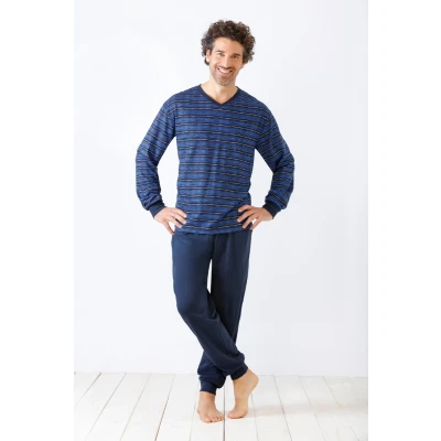 Afbeelding van Hajo heren pyjama met blauwe strepen Blauw Maat 56