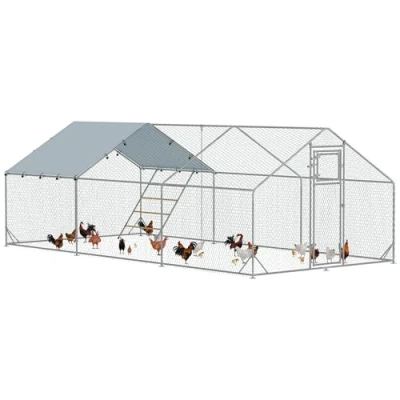 Afbeelding van PawHut enclos à poulailler en acier 300 x 600 195 cm avec housse résistante aux UV, porte mangeoire, doublure suspendue, perchoir, pour poules de 18 24 poules, petits animaux, argent