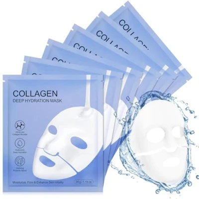 Afbeelding van Set van 4 collageenmaskers voor diepe hydratatie, hyaluronzuur, geavanceerde collageenbooster, vermindert rimpels en fijne lijntjes, minimaliseert poriën (blauw 6 stuks)