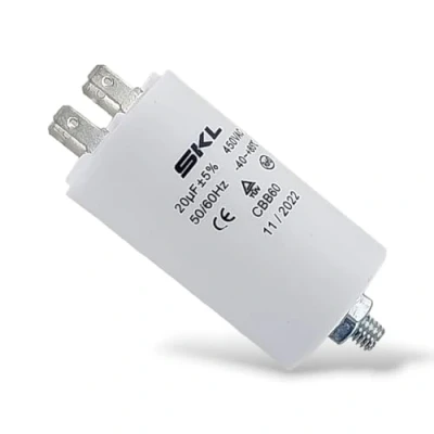 Afbeelding van DEKAROX Universele condensator 20 µF 450 V Ø 40 x 70 mm met steekklemmen AMP 6,3 bevestigingsschroeven M8 CBB60 start en racecondensator voor huishoudelijke apparaten