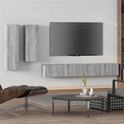 Afbeelding van 4 Delige Tv Meubelset Bewerkt Hout Eikenkleurig