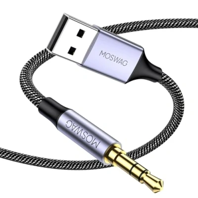 Afbeelding van MOSWAG USB naar 3,5 mm TRS audio aansluiting, 1 m stekker stereo AUX adapter, gevlochten nylon, converter voor pc, laptop, Windows, Mac OSX, luidsprekers,