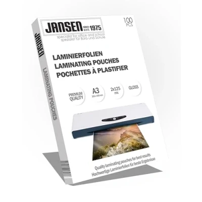 Afbeelding van Jansen 100 stuks A3 lamineerfolies 2 x 125 micron (250 micron), glanzend, verpakking kan variëren