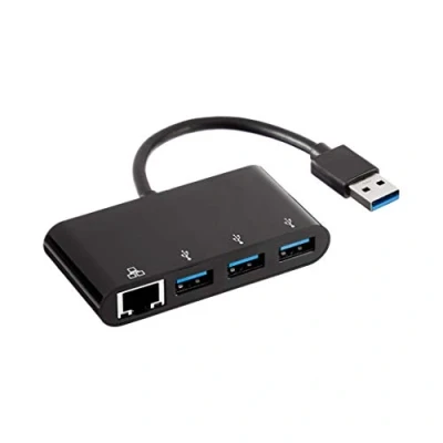 Afbeelding van Amazon Basics 3 poorts USB 3.0 adapter met RJ45 gigabit ethernet poort, zwart