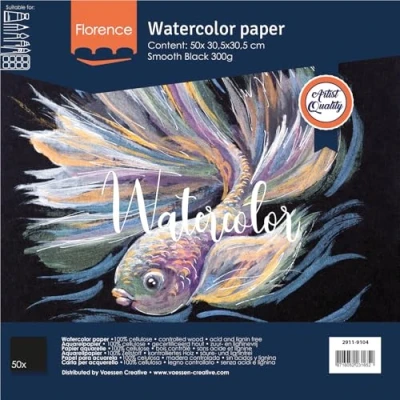 Afbeelding van Aquarelpapier Zwart 30,5x30,5cm 300 gram Smooth Gladde Structuur Florence 50 vellen