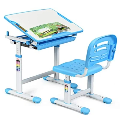 Afbeelding van COSTWAY Kinderbureau set tafel en stoel voor kinderen, ergonomische tekentafel met lade, in hoogte verstelbaar (blauw)