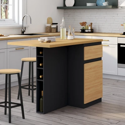 Image de Ilot central TINO 120 cm avec range bouteilles 4 personnes bois noir plan de travail façon hêtre IDMarket