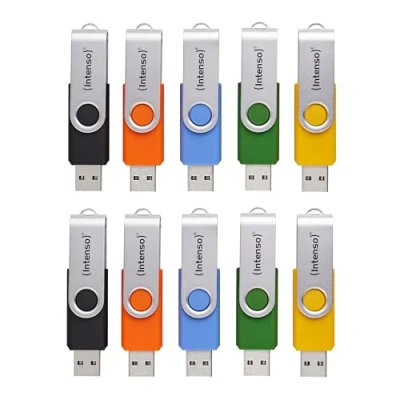 Afbeelding van Intenso Basic Line 10 stuks 4 GB USB 2.0 sticks met praktische etiketten, geel, groen, zwart, blauw + oranje, zilverkleurige metalen beugel