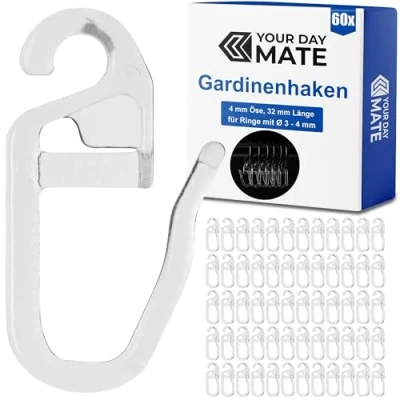 Afbeelding van 60 stuks transparante gordijnhaken met ogen een diameter van 4 mm, voor gordijnringen tot mm dikte, om op te hangen,