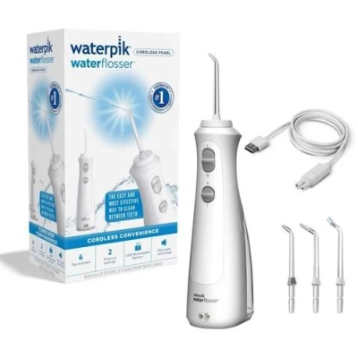 Image de Jet Dentaire Waterpik Wf 13 Pearl Blanc Sans Fil Rechargeable 2 Niveaux De Pression 4 Embouts