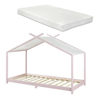 Afbeelding van Kinderbed Brome huisbed met matras 90x200 cm roze [en.casa]