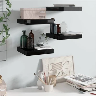 Afbeelding van Wandschappen zwevend 4 st 23x23,5x3,8 cm MDF hoogglans zwart