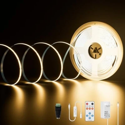 Afbeelding van PAUTIX COB led stripset, 3000 K, warmwit, 10 m, dimbaar, 24 V, 2400 leds, CRI93+ ledstrip met timerfunctie, afstandsbediening RF en GS voeding voor lichtdecoratie