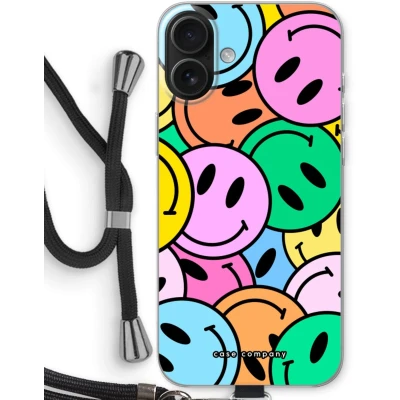 Afbeelding van Case Company® hoesje met Koord geschikt voor iPhone 16 Plus Smiley N1 Telefoonhoesje Zwart Bescherming aan alle Kanten en Over de Schermrand