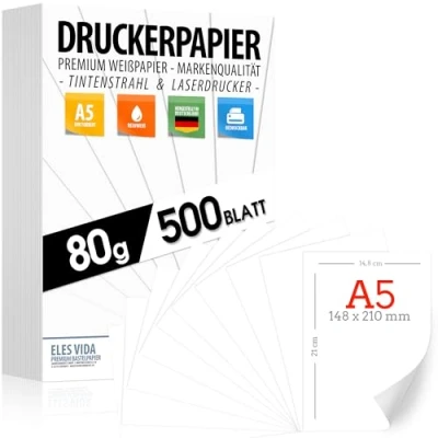 Afbeelding van 500 vellen 80 g wit printpapier, DIN A5, hoogwaardig papier, kopieerpapier, laserprinter en inkjetprinter voor universiteit, fotografie,