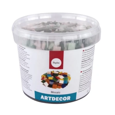 Afbeelding van Rayher mozaïektegels glazen emmer 1300 stuks mozaïek spiegel 1x1 cm voor een oppervlak van 35 x 40 groen