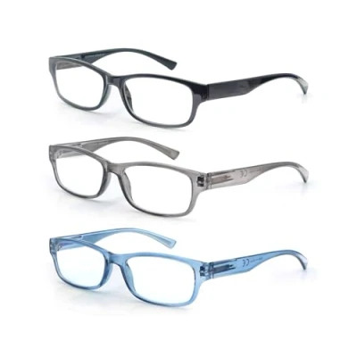 Afbeelding van 3 stuks leesbrillen 1.25 heren/dames, goede bril, hoogwaardig, rechthoekig, comfortabel, super leeshulp, voor mannen en vrouwen, zwart blauw grijs