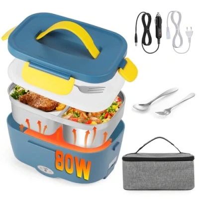 Afbeelding van 3 in 1 elektrische lunchbox (12 V/24 V/220 V) 1,5 liter met vork, lepel, afneembare verwarming van roestvrij staal, lunchbox, draagbare warmhoudcontainer voor